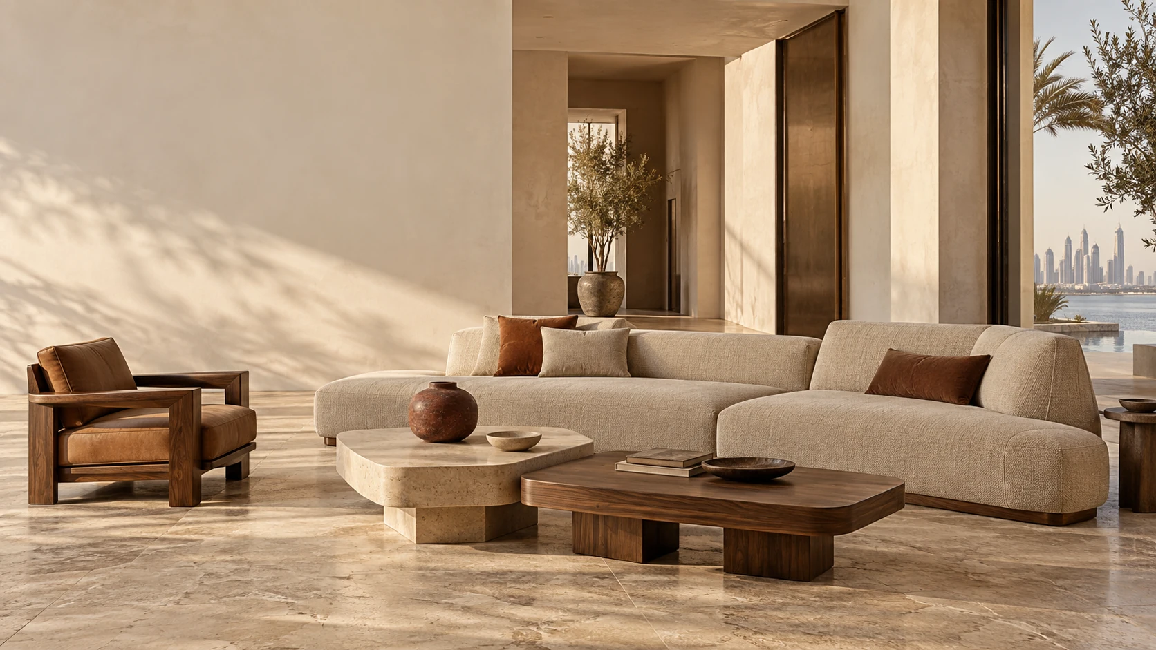 Original concept for a warm contemporary living room with softly upholstered furniture, walnut and stone